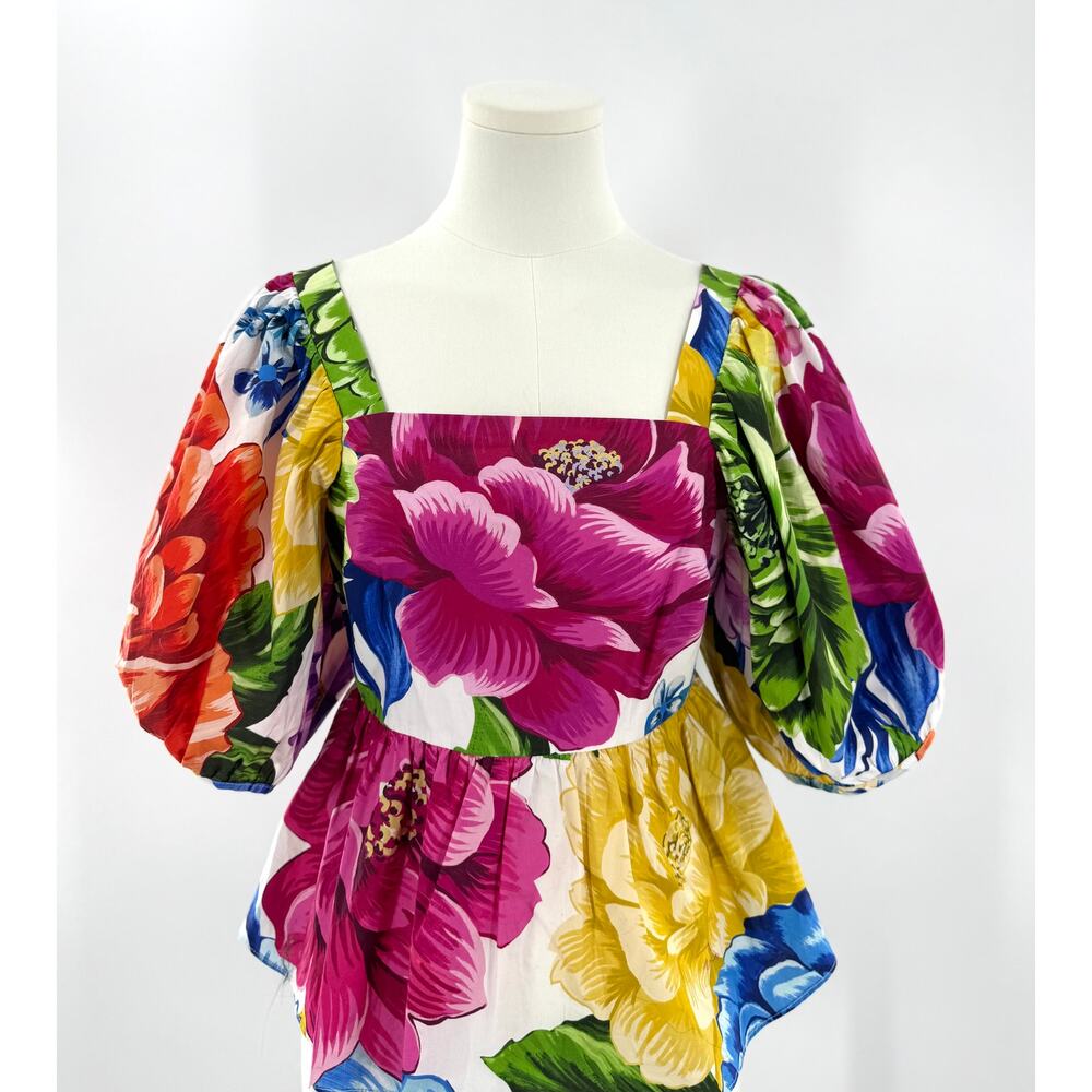 Farm Rio Floral Puff Sleeve Top Square Neck Tropical Peplum Blouse Resort XS